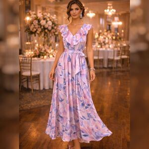 DKNY Floral 10 Maxi Dress Ruffle V Neck Belted Formal Pastel Petal Pink Sky Blue